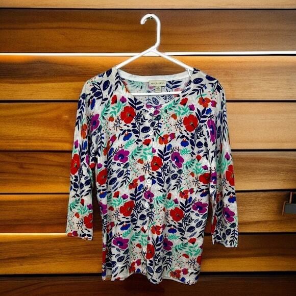 Appleseeds Womens Medium Floral Print Lightweight Cotton Blend Spring Cardigan - Picture 1 of 5